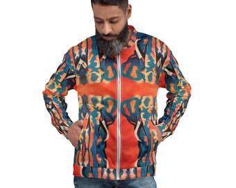 May include: A vibrant, patterned bomber jacket in shades of orange, blue, and yellow. The jacket features a full-length zipper and two front pockets. The colorful design covers the entire jacket, including the sleeves.