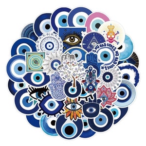 May include: A collection of colorful stickers featuring the evil eye symbol, hamsa hand, and other spiritual designs. The stickers are perfect for adding a touch of protection and good luck to your belongings.