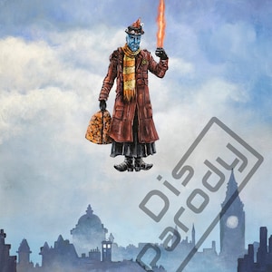 May include: A blue-skinned man in a brown coat and orange scarf floats in the air above a city skyline. He holds a lit torch in his right hand and a brown bag in his left hand. The city skyline is in the background and is obscured by fog. The sky is a light blue with white clouds.