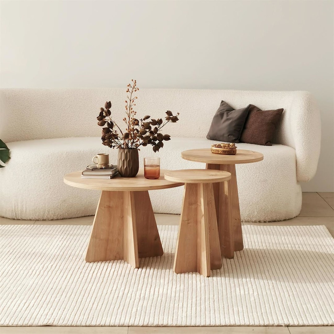 Oak Nesting Coffee Table,modern Nest of Tables,round Wood Mushroom Side