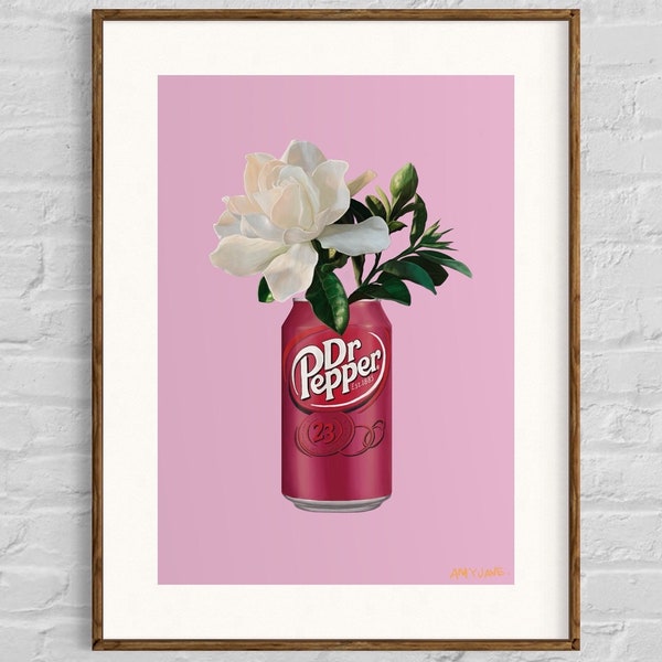 Peppery Petals - digital download of Dr Pepper art, gardenia flower, floral art, pop art, art for bar and games room