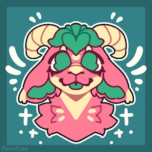 May include: A digital illustration of a cartoon creature with pink fur, green eyes, and tan horns. The creature has a heart-shaped green leaf on its head and a pink, V-shaped chest. White accents and teal background.