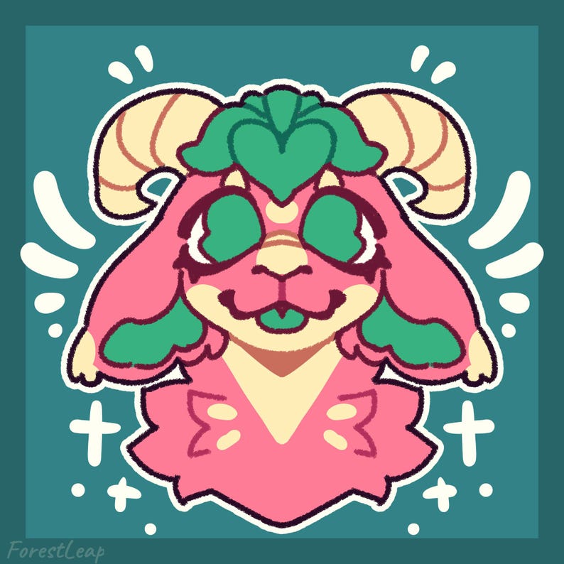 May include: A digital illustration of a cartoon creature with pink fur, green eyes, and tan horns. The creature has a heart-shaped green leaf on its head and a pink, V-shaped chest. White accents and teal background.