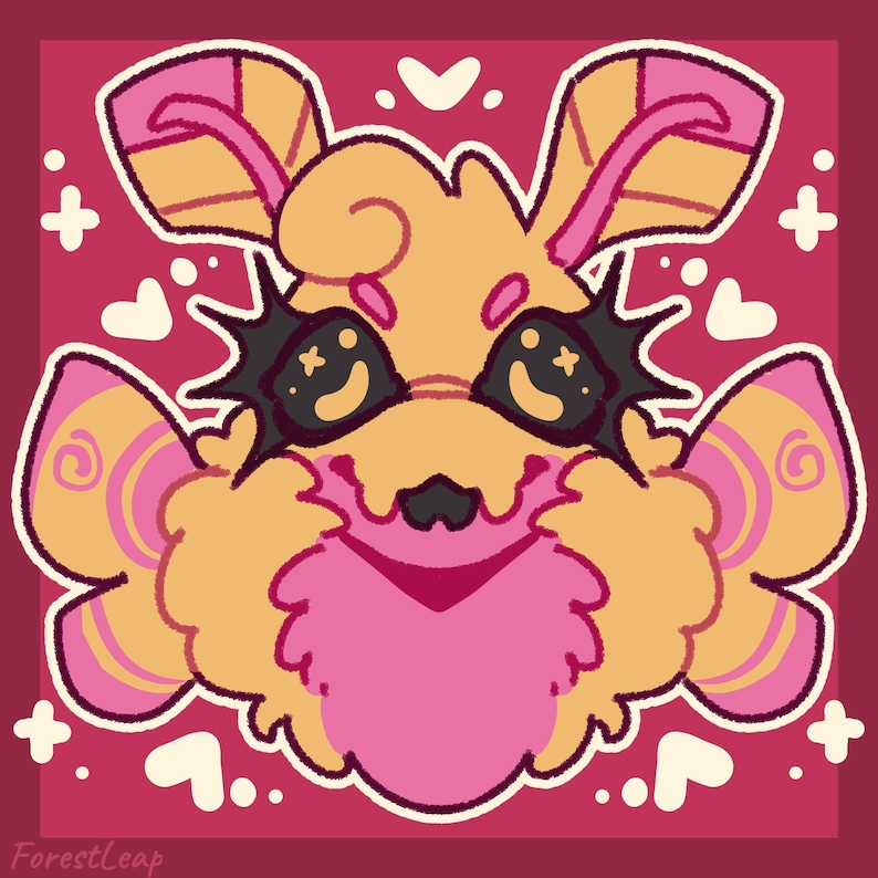 May include: A cartoon illustration of a smiling creature with a yellow body, pink accents, and black eyes. The creature has large ears and butterfly-like wings. White hearts and plus signs are scattered around the edges of the image, which is set against a red background.