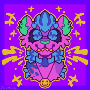 May include: A vibrant illustration of a cartoon feline character with pink fur, blue and green accents, and a yellow smiley face pendant. The background is purple with yellow star and lightning bolt shapes.