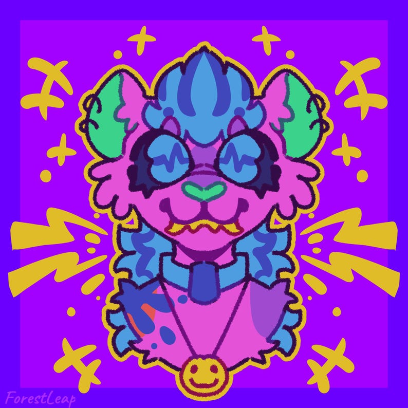 May include: A vibrant illustration of a cartoon feline character with pink fur, blue and green accents, and a yellow smiley face pendant. The background is purple with yellow star and lightning bolt shapes.
