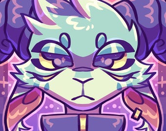 May include: A digital illustration of a stylized creature with light blue fur, large purple horns, and dark purple markings around its eyes. The character features a serious expression, a purple bowtie, and a background with a pink checkered pattern.