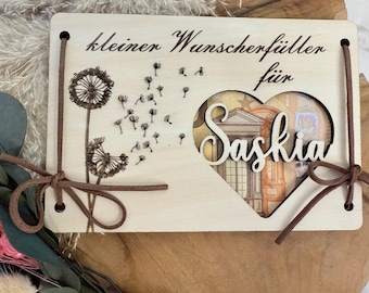 Money gift small wish fulfiller personalized with name suitable for every occasion. Wooden money gift card for birthday, wedding