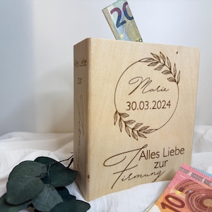 Firmung- Geschenk für Mädchen und Jungen, Spardose aus Holz in Buchform graviert für Geschenk zur Firmung, Geldgeschenk Firmung,