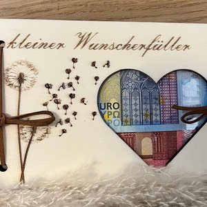 Geldgeschenk, Wunscherfüller Pusteblume, Holzkarte, Geschenkidee zur Hochzeit, Geburtstag, Reise