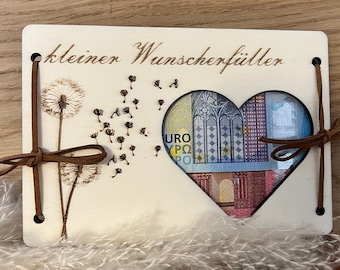 Geldgeschenk, Wunscherfüller Pusteblume, Holzkarte, Geschenkidee zur Hochzeit, Geburtstag, Reise