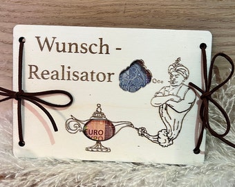 Money gift, wish fulfillment gift idea for men, birthday, travel, wooden card with magic lamp