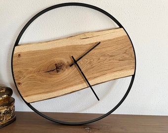Wall clock made of solid oak with steel ring, wall clock for living room, bedroom, kitchen, office