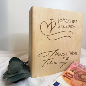 Firmung- Geschenk für Mädchen und Jungen, Spardose aus Holz in Buchform graviert für Geschenk zur Firmung, Geldgeschenk Firmung,