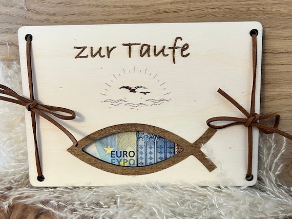 Geldgeschenk Taufe, Geschenkidee zur Taufe, Holzkarte mit Fisch