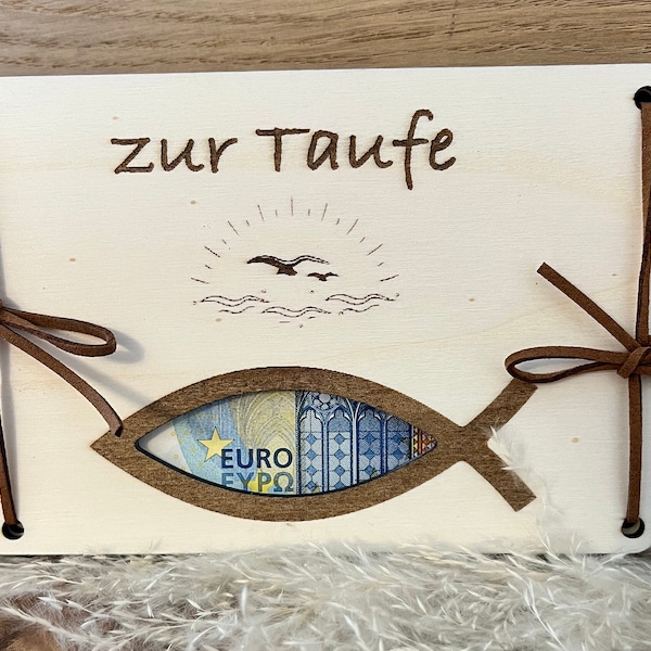 Geldgeschenk Taufe, Geschenkidee zur Taufe, Holzkarte mit Fisch