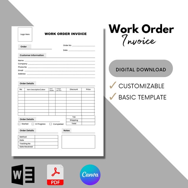 Work Order Template Canva/PDF/Google Docs/Word. Business Work Order, Editable Word Form, Editable Invoice, Work Order, Printable Work Order