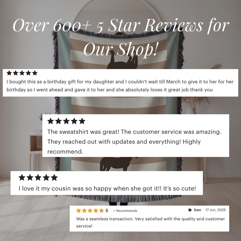 May include: A woven blanket with a light blue, tan, and white striped pattern, featuring a silhouette of an animal. The image includes customer reviews and the text "Over 600+ 5 Star Reviews for Our Shop!"