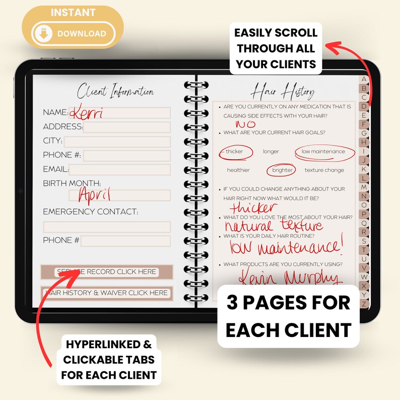 Client Record Book Hairstylist Client Book Digital Planner Cosmetology ...