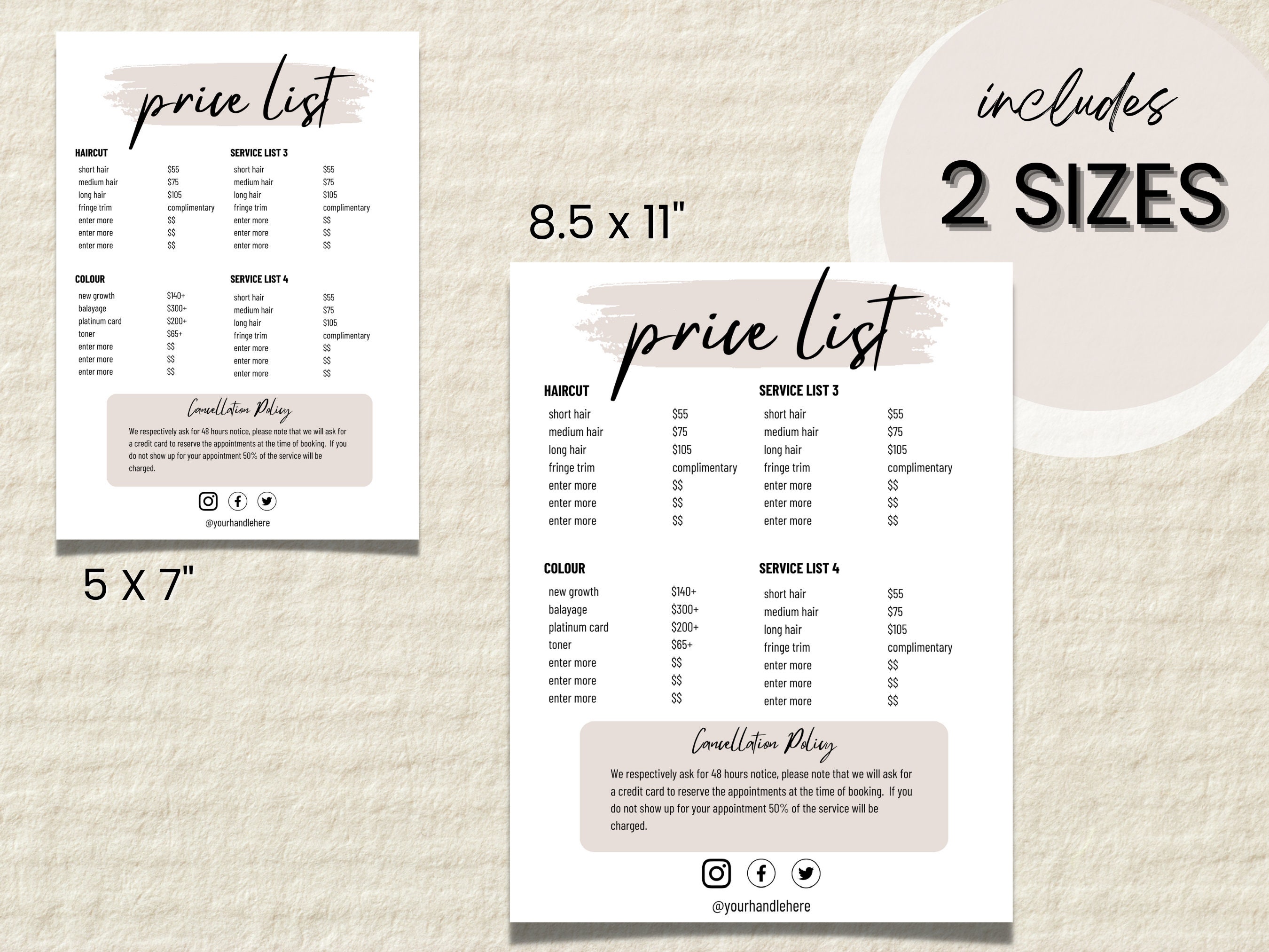 Price List Template Hair Salon Price List Hair Stylist Price Etsy
