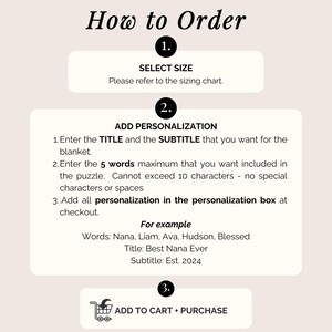 May include: A graphic with instructions on how to order a personalized item. The steps include selecting a size, adding personalization details such as title, subtitle, and words, and adding the item to the cart.