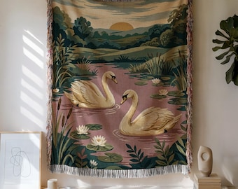 Tapiz de cisne para colgar en la pared, manta artística tejida, textil europeo vintage, decoración romántica para el hogar, pieza llamativa de estilo cabaña neutral