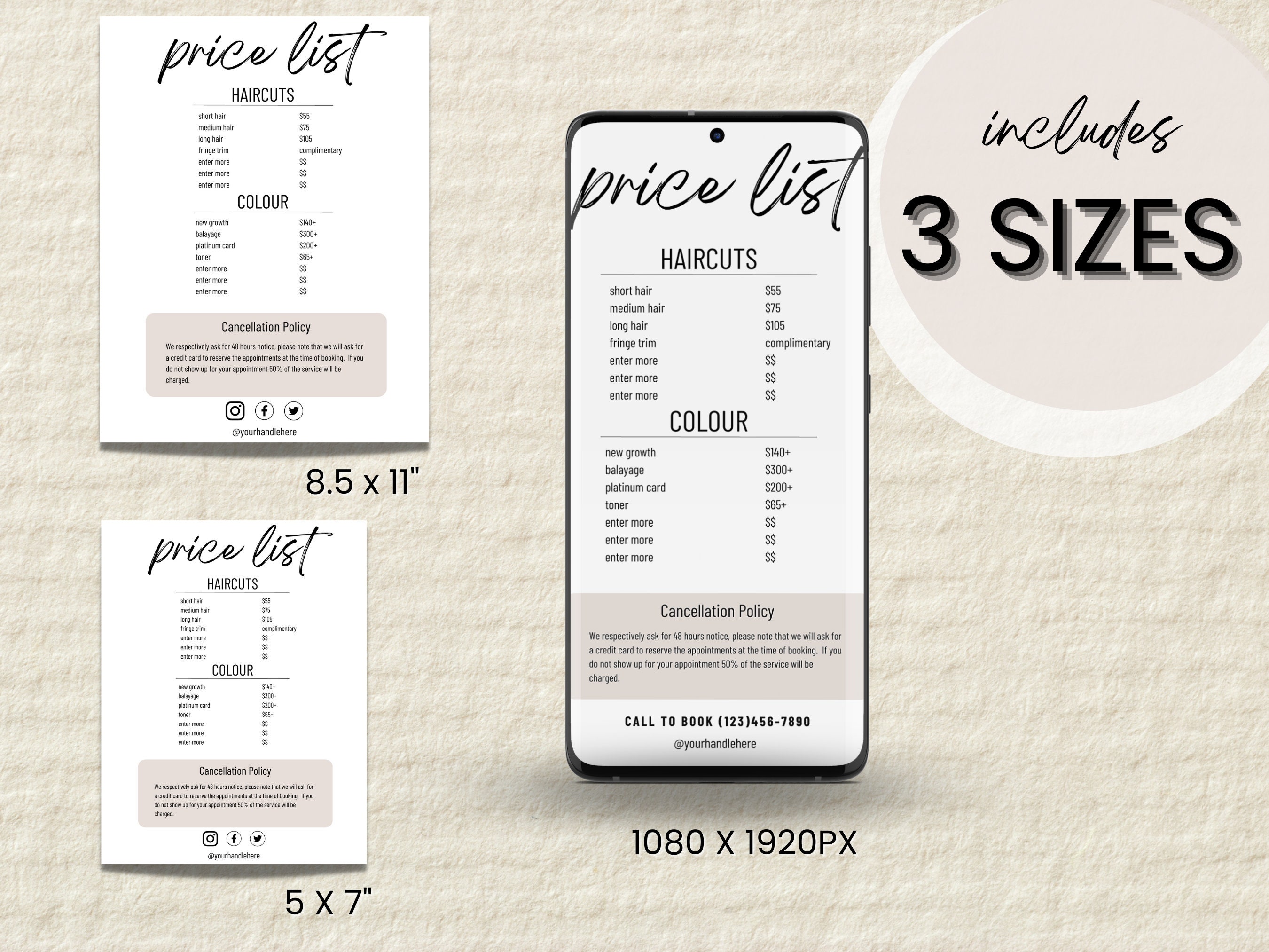 Digital Price List Template Hair Salon Price List Hair Stylist Etsy