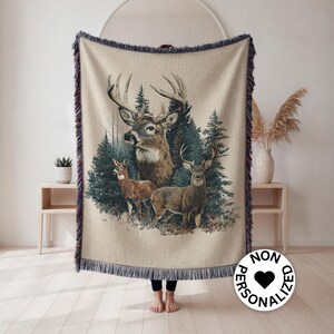 Personalized Family Cabin Blanket Vintage Deer Woven Throw Custom Name Lake House Decor Cozy Rustic Mountain Cabin Gift Nature Lover Blanket image 3
