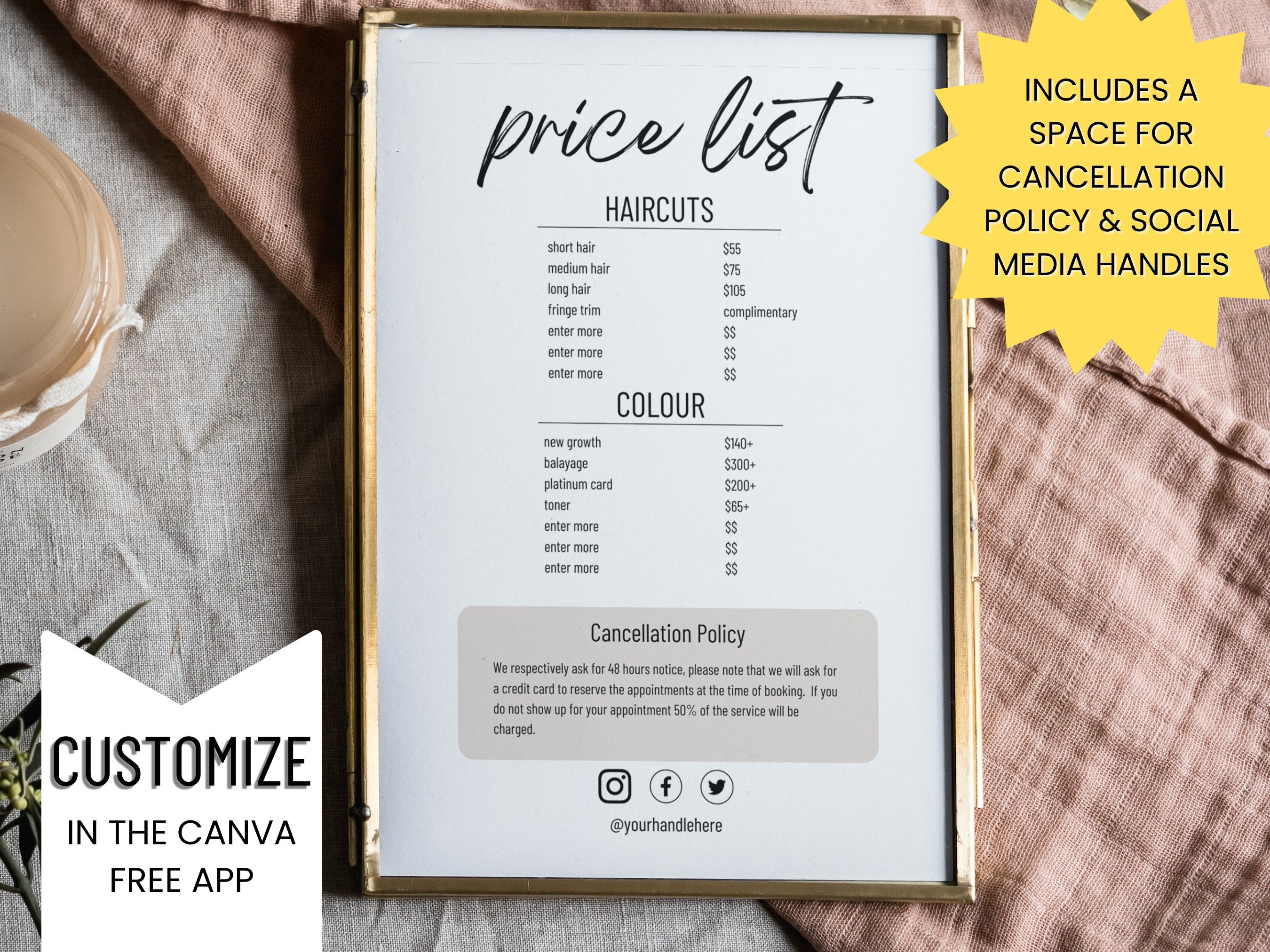 Digital Price List Template Hair Salon Price List Hair Stylist Etsy