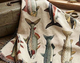 Rustic Fishing Decor Woven Blanket Rainbow Trout Fly Fishing Art Cozy Cabin Lodge Throw Great Lakes Lake House Home Decor Gift for Fisherman