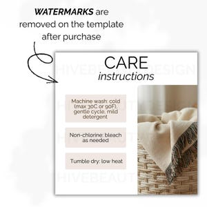 May include: Care instructions for a blanket, featuring text on a white background. The text includes washing instructions: machine wash cold (max 30C or 90F), gentle cycle, mild detergent, non-chlorine bleach as needed, and tumble dry low heat.