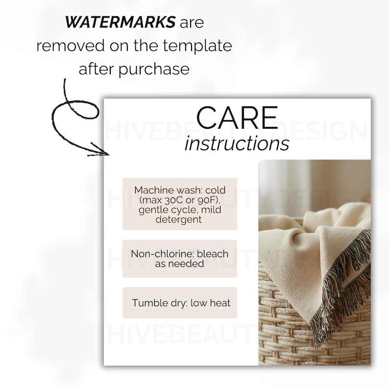 May include: Care instructions for a blanket, featuring text on a white background. The text includes washing instructions: machine wash cold (max 30C or 90F), gentle cycle, mild detergent, non-chlorine bleach as needed, and tumble dry low heat.