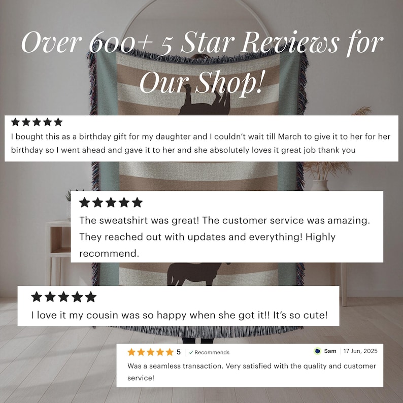 May include: A woven blanket with a brown silhouette of a deer, displayed with customer reviews. The blanket has a striped design in shades of beige and green, with fringed edges. Text at the top reads "Over 600+ 5 Star Reviews for Our Shop!"