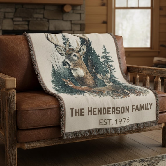 Personalized Family Cabin Blanket Vintage Deer Woven Throw Custom Name Lake House Decor Cozy Rustic Mountain Cabin Gift Nature Lover Blanket