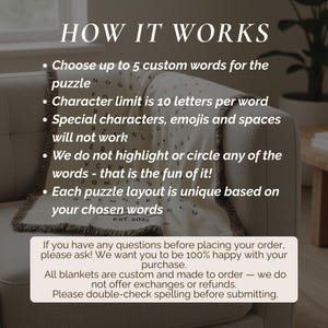 May include: A cream-colored throw blanket with a puzzle design, draped over a sofa. The blanket features a grid of letters and the text "HOW IT WORKS" along with instructions for customization. The blanket has a fringed edge.