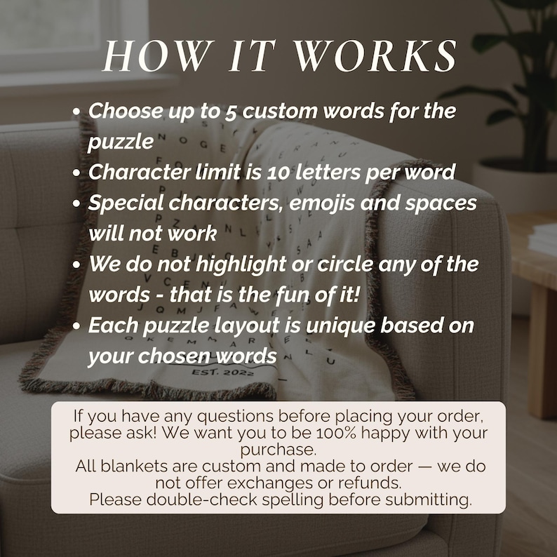 May include: A cream-colored throw blanket with a puzzle design, draped over a sofa. The blanket features a grid of letters and the text "HOW IT WORKS" along with instructions for customization. The blanket has a fringed edge.