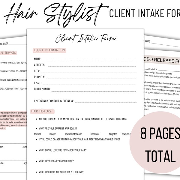 Hair Salon Client Intake Form Hairstylist Client Consultation Form Hairdresser Client Consult Template Form Hair Client Salon Template Form