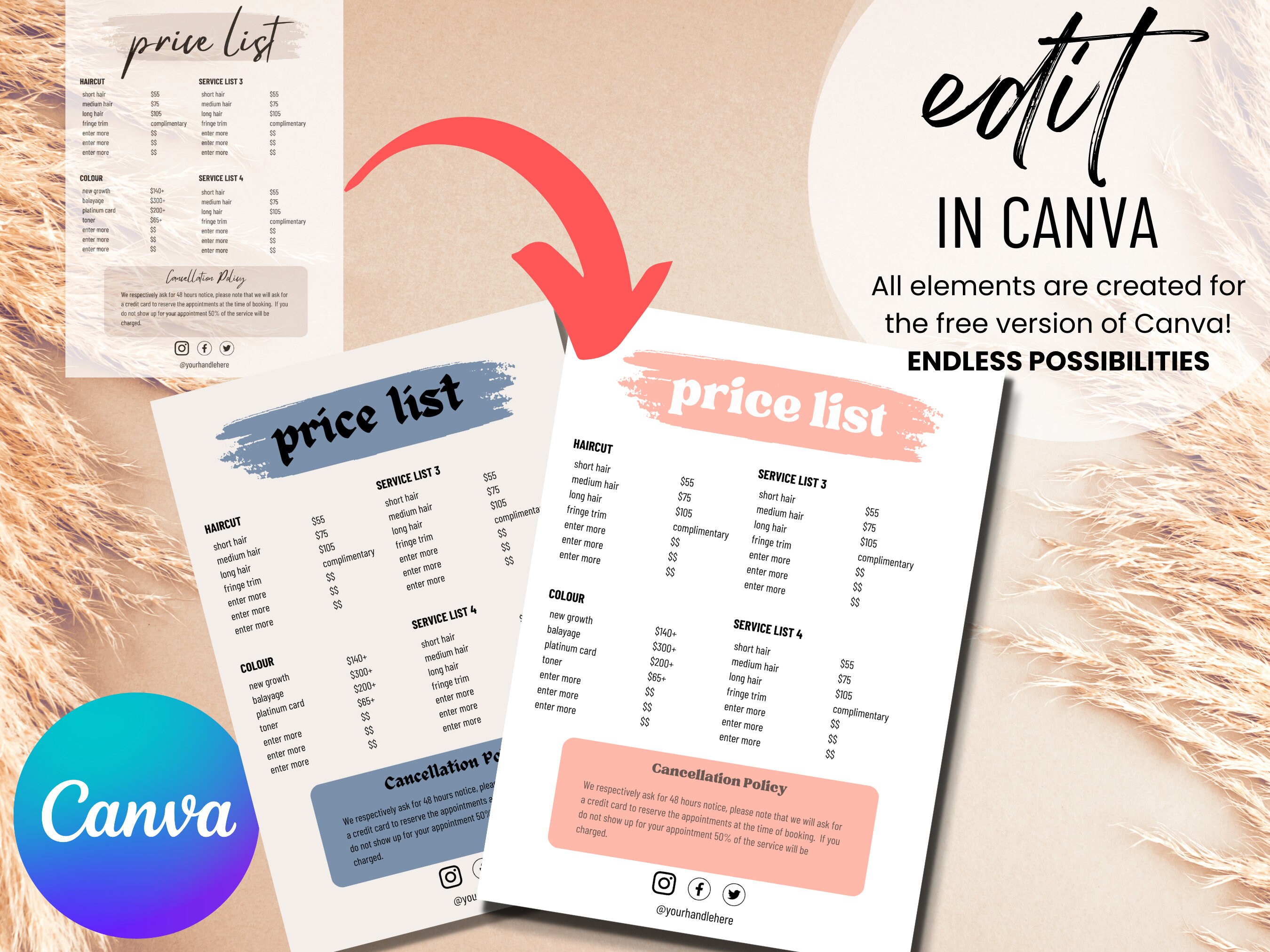 Price List Template Hair Salon Price List Hair Stylist Price Etsy