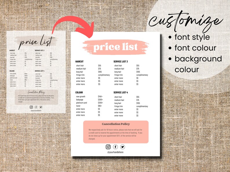 Price List Template Hair Salon Price List Hair Stylist Price Etsy