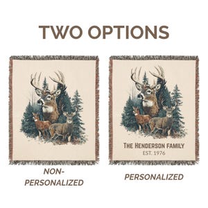 May include: Two woven throw blankets featuring a deer scene. One is labelled "NON-PERSONALIZED" and the other "PERSONALIZED" with text. The deer are brown and white, set against a backdrop of evergreen trees.