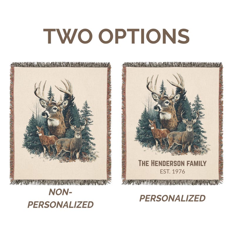 May include: Two woven throw blankets featuring a deer scene. One is labelled "NON-PERSONALIZED" and the other "PERSONALIZED" with text. The deer are brown and white, set against a backdrop of evergreen trees.