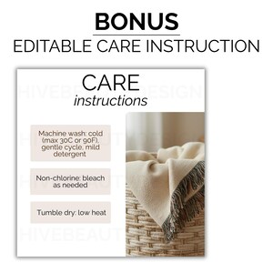 May include: A woven basket holds a folded beige blanket with a fringed edge. The image includes text that reads "BONUS EDITABLE CARE INSTRUCTION" and "CARE instructions". The care instructions are: machine wash cold, non-chlorine bleach as needed, and tumble dry low heat.