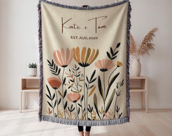 Bridal Shower Gift Personalized Woven Blanket Custom Couple Name Engagement Gift Floral Cotton Throw Wedding Anniversary Keepsake Bride