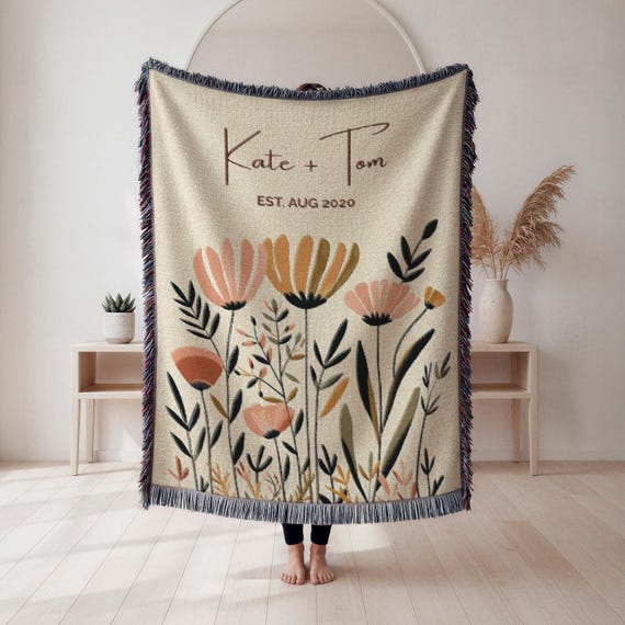 Bridal Shower Gift Personalized Woven Blanket Custom Couple Name Engagement Gift Floral Cotton Throw Wedding Anniversary Keepsake Bride