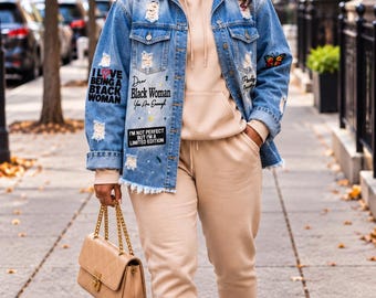 Black Woman Empowerment Denim Shacket, Distressed Jean Jacket, One-of-a-Kind Wearable Art