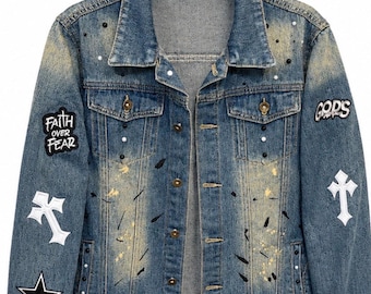 Glaube über Angst Benutzerdefinierte Jeansjacke | Christliche Aufnäher Jacke | Distressed Cross Jeansjacke | Upcycled Jeansjacke | Glaubensbasierte Mode