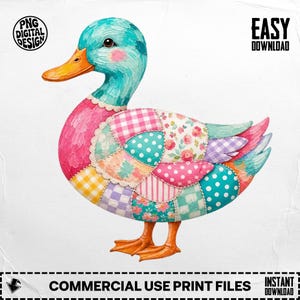 May include: A digital illustration of a duck featuring a patchwork body with various patterns including pink gingham, floral prints, and teal polka dots. The duck has a teal head, an orange beak, and orange feet. Text reads PNG DIGITAL DESIGN.