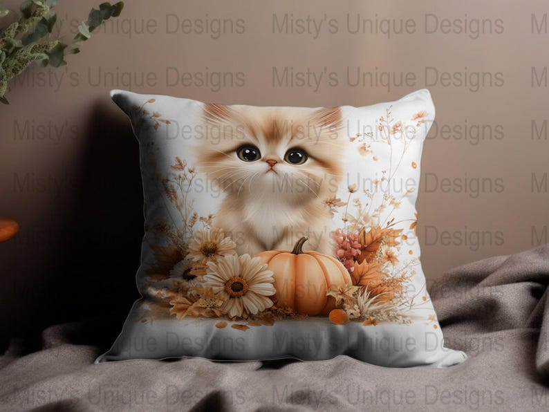 Kitten Pumpkin Clipart, Autumn Floral PNG (Digital Download image 8