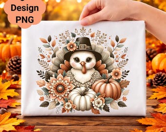 Thanksgiving Turkey Clipart, Fall Floral Pumpkin Art (PNG Digital Download)