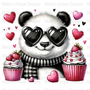 Lindo panda con cupcakes Clipart Descarga digital PNG, arte de panda para el día de San Valentín, clipart de corazones de amor para manualidades, proyectos de bricolaje